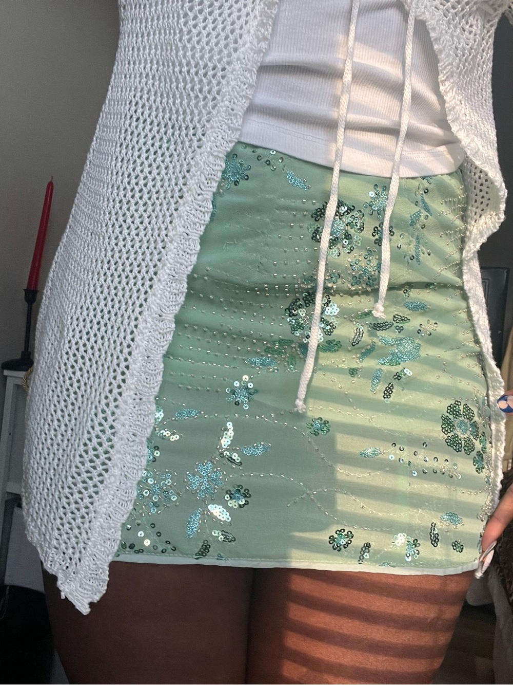 Sequin Embellished Mint Green Mini Skirt